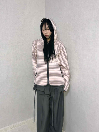 Wide Collar Striped Button Zip-Up Fleece Jumper