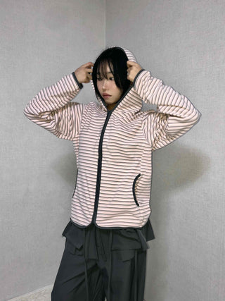 Wide Collar Striped Button Zip-Up Fleece Jumper