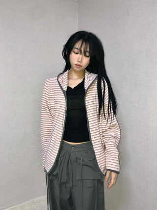 Wide Collar Striped Button Zip-Up Fleece Jumper