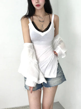Cambi V-neck See-through Sleeveless Top