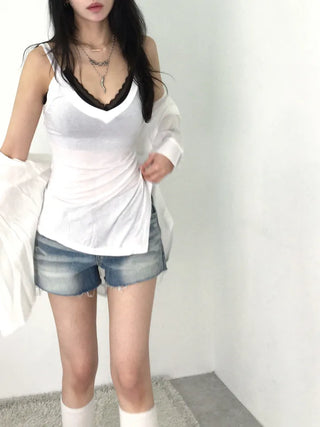 Cambi V-neck See-through Sleeveless Top