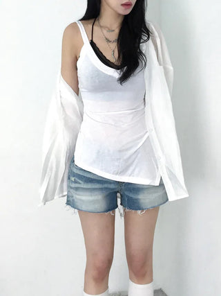 Cambi V-neck See-through Sleeveless Top
