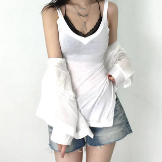 Cambi V-neck See-through Sleeveless Top