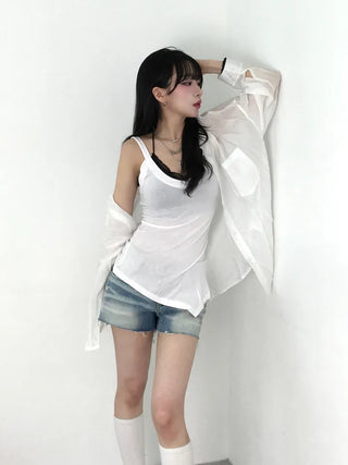Cambi V-neck See-through Sleeveless Top