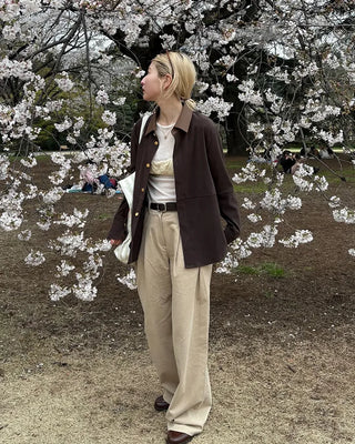 Double-pleated wide cotton pants