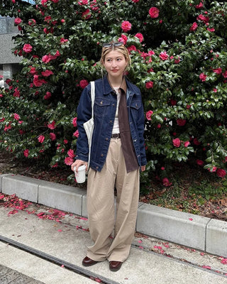Double-pleated wide cotton pants