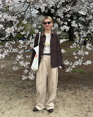 Double-pleated wide cotton pants