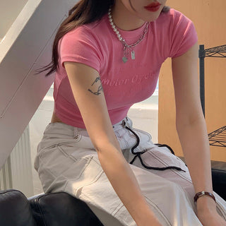Letter embroidered tight short-sleeved T-shirt