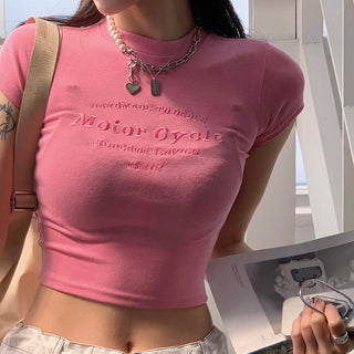 Letter embroidered tight short-sleeved T-shirt