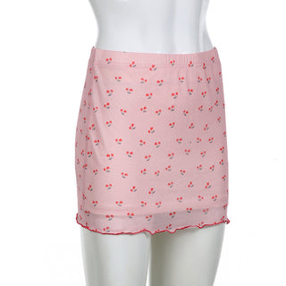 Sweet Cherry Print Mesh Double-Layer Skirt