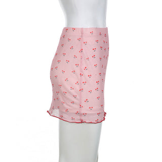 Sweet Cherry Print Mesh Double-Layer Skirt