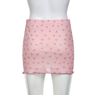 Sweet Cherry Print Mesh Double-Layer Skirt