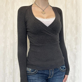 V-neck fake two-piece long-sleeved Top