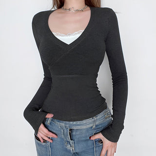 V-neck fake two-piece long-sleeved Top
