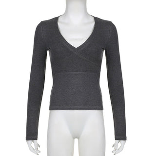 V-neck fake two-piece long-sleeved Top