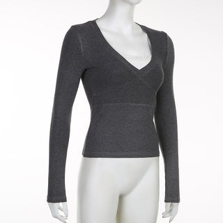 V-neck fake two-piece long-sleeved Top