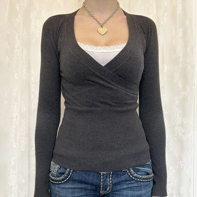 V-neck fake two-piece long-sleeved Top