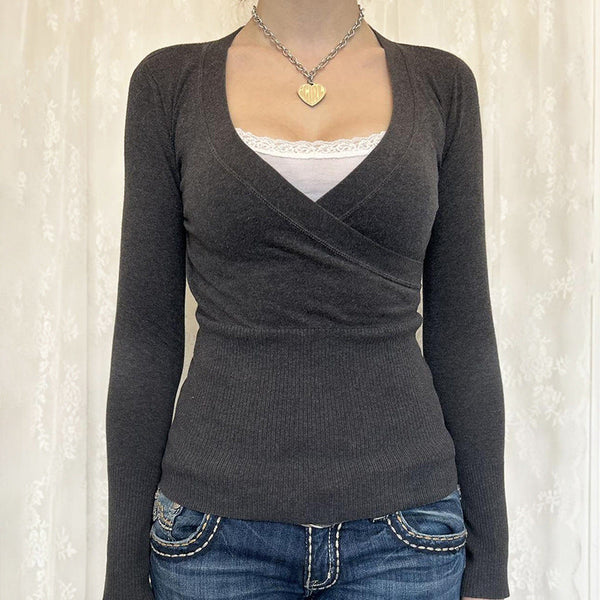 V-neck fake two-piece long-sleeved Top