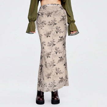 Vintage Mori Floral Print Fishtail Long Skirt