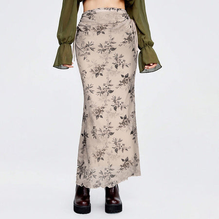 Vintage Mori Floral Print Fishtail Long Skirt