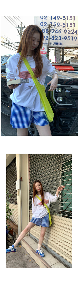 blue white plaid shorts