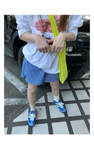 blue white plaid shorts