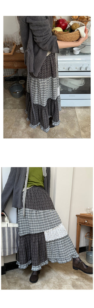 stitching floral plaid skirt