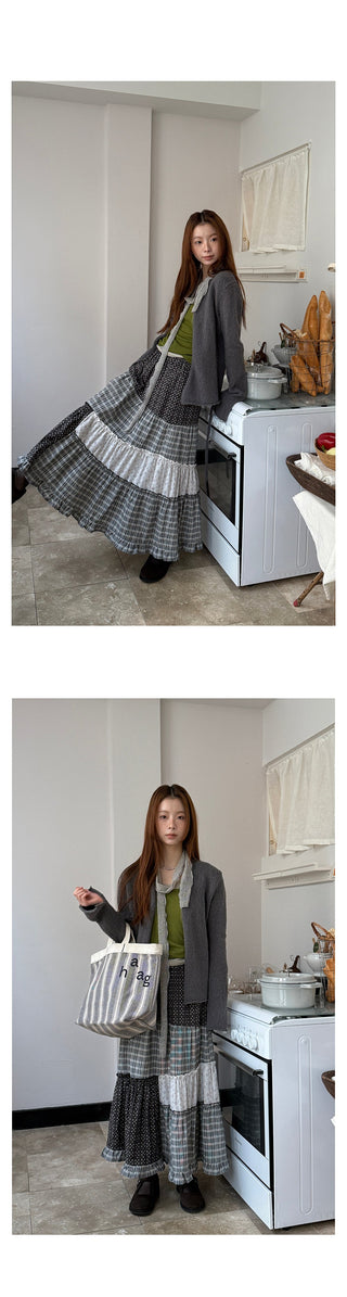 stitching floral plaid skirt