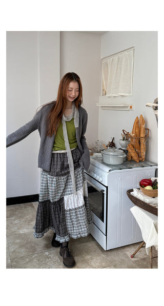 stitching floral plaid skirt