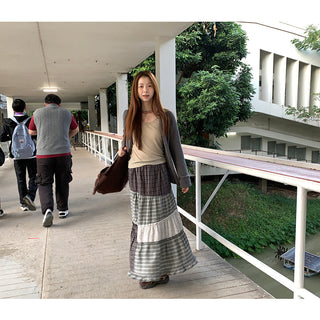 stitching floral plaid skirt