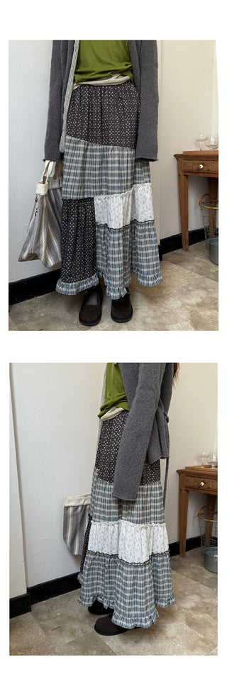 stitching floral plaid skirt