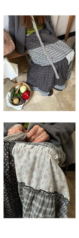 stitching floral plaid skirt