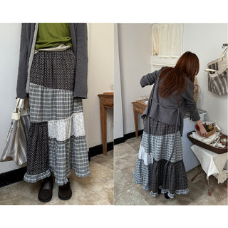 stitching floral plaid skirt