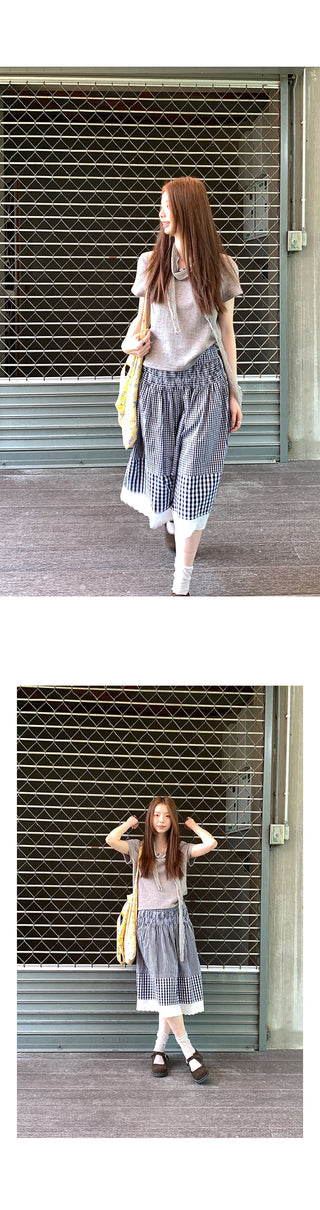 plaid stitching lace dress