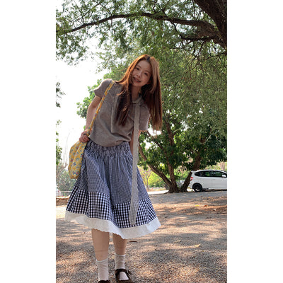 plaid stitching lace dress