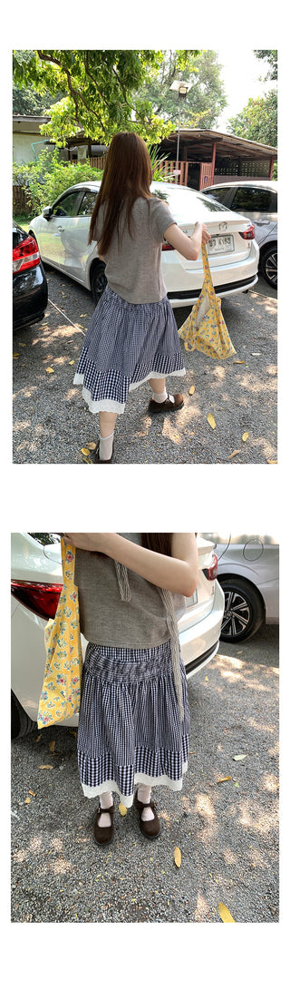 plaid stitching lace dress