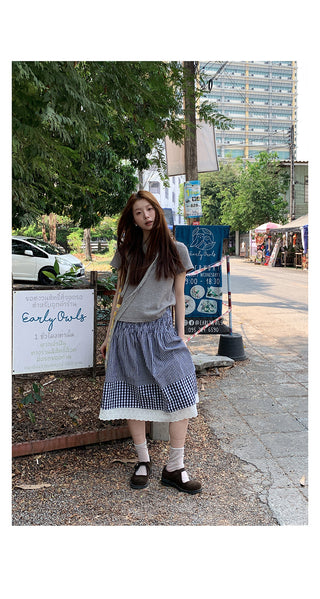 plaid stitching lace dress
