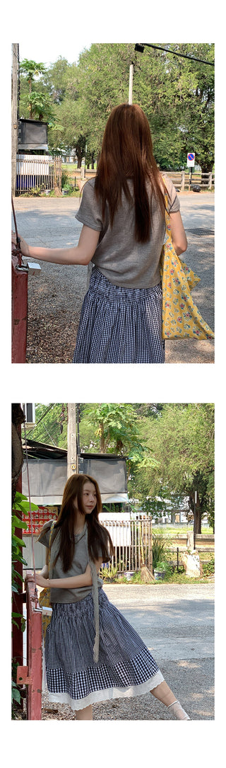 plaid stitching lace dress