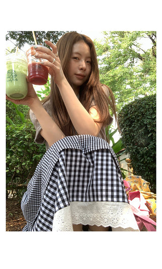 plaid stitching lace dress