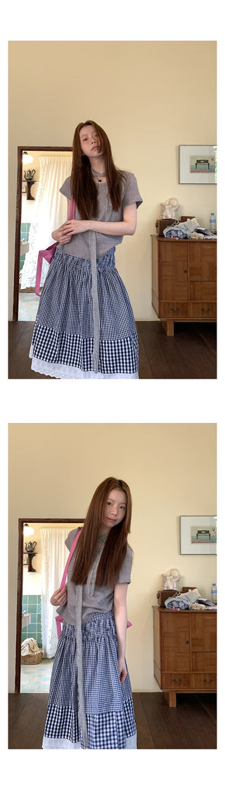 plaid stitching lace dress