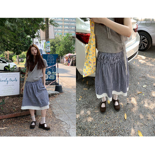 plaid stitching lace dress
