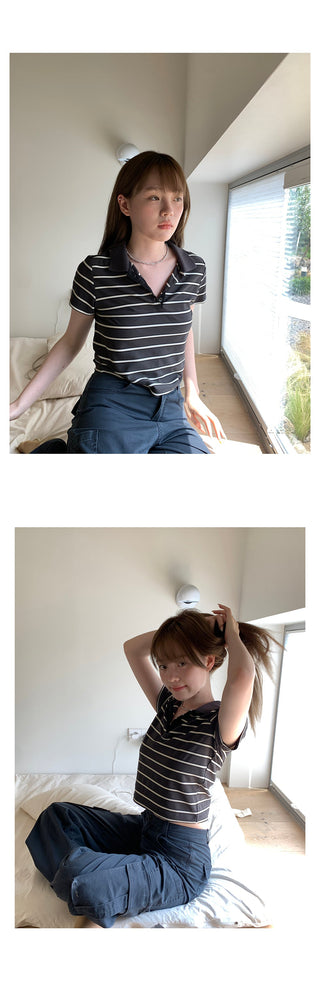 striped contrast polo top