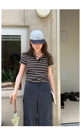 striped contrast polo top