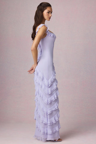 Asymmetric Ruffled Lace-Up Gown in Lilac