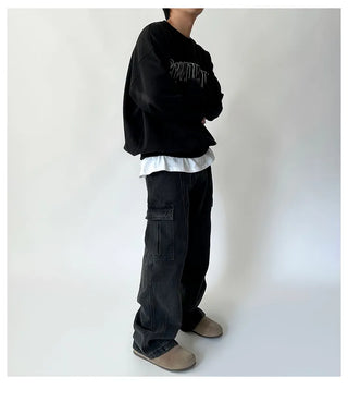 black denim overalls