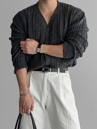 gray V-neck cardigan