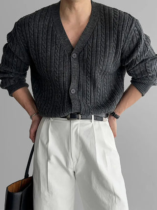 gray V-neck cardigan