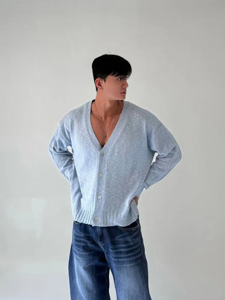 blue knit cardigan