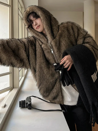 hooded fur coat