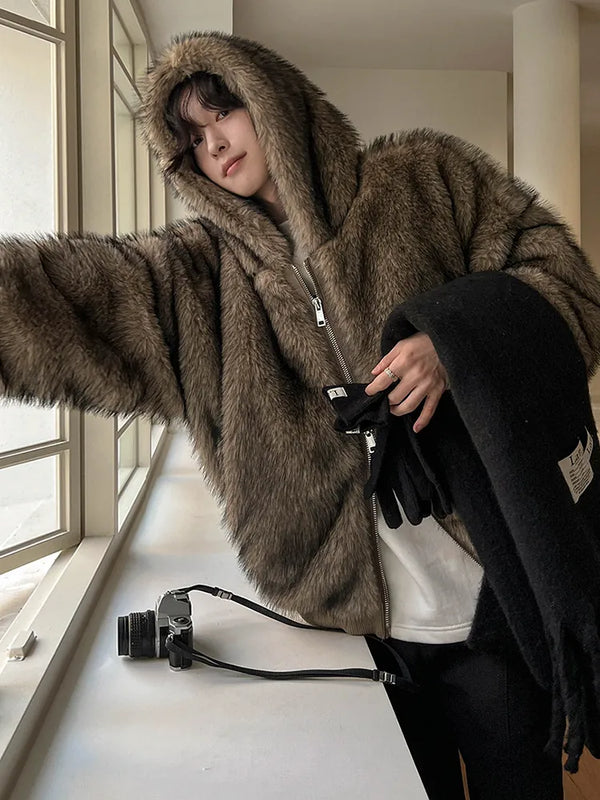 hooded fur coat